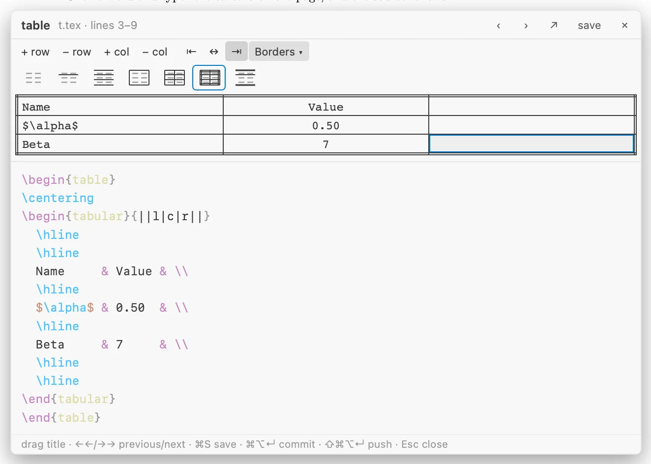 Table card: a grid of cells with add and remove row and column buttons and border styles