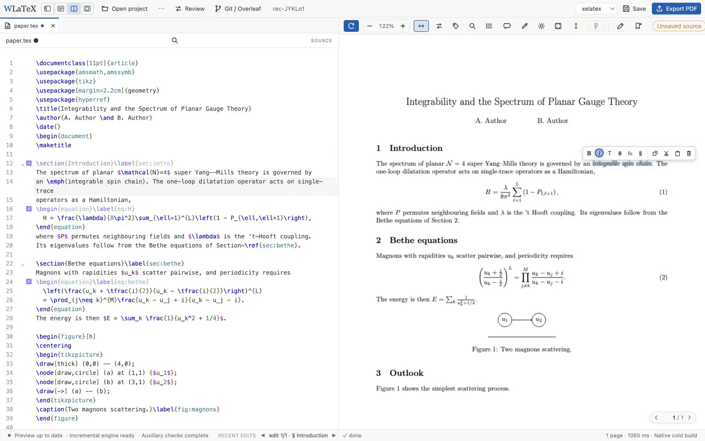 The WLaTeX desktop editor: LaTeX source on the left, the live page on the right with the selection toolbar over emphasised words